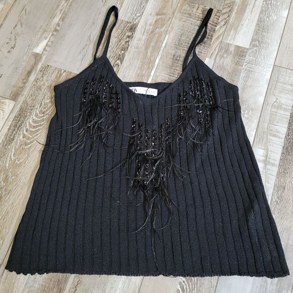 New Zara Black Feather Sequin Ribbed Knit Tank Top Size Large - Picture 1 of 8